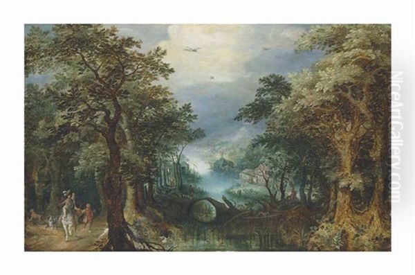 An Extensive Wooded River Landscape With A Hunting Party, A Village Beyond - view 1