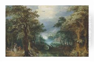 An Extensive Wooded River Landscape With A Hunting Party, A Village Beyond by Gillis van Coninxloo
