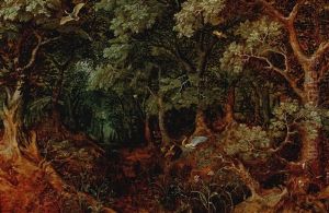 A Forest Landscape With Huntsmen And Animals by Gillis van Coninxloo