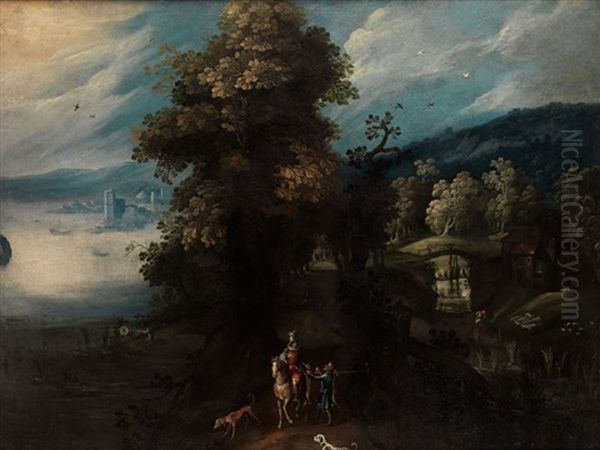 Farmlandschaft Mit Blick Auf Einen Flusslauf Mit Brucke Und Einem Reiter Im Vordergrund - view 1