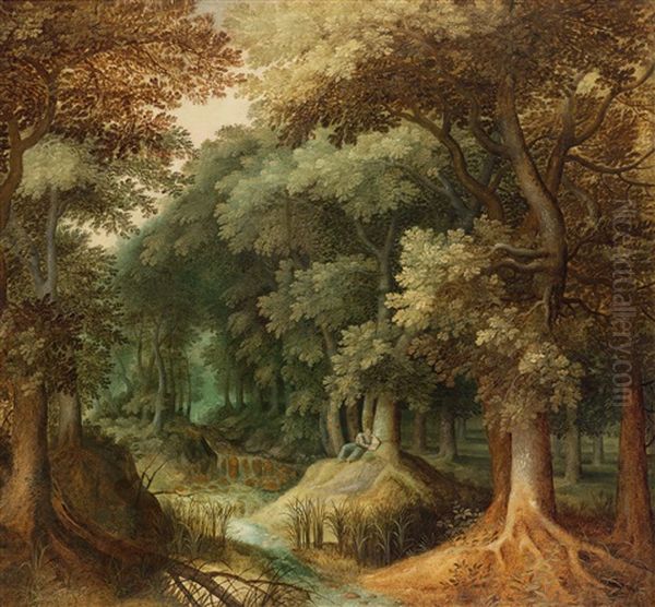 Eine Waldlandschaft Mit Lesendem Eremiten - view 1
