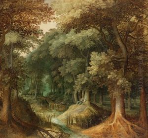 Eine Waldlandschaft Mit Lesendem Eremiten