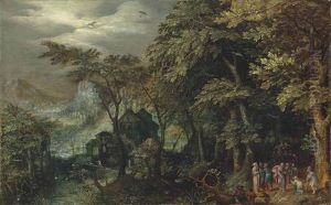 An Extensive Wooded Landscape With Christ Healing The Lame Man, A Village And A Town By The Mountains Beyond