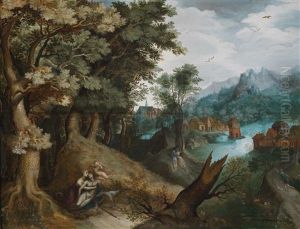 Eine Bewaldete Flusslandschaft Mit Dorfkulisse, Venus Und Adonis Und Wanderern