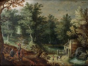 A Wooded River Landscape With A Horseman Before A Watermill by Gillis van Coninxloo
