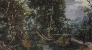 A Wooded River Landscape With Travellers On A Wooden Bridge Near A Village A Wooded River Landscape With Travellers On A Wooden Bridge Near A Village
