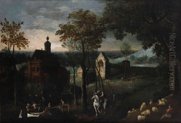 Paysage Accidente Anime De Personnages Elegants Pres De Maisons Au Bord De L'eau (a Beersel?) - view 1