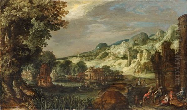 Phantastic Landscape With River, Ruins And Architectural Staffage by Gillis van Coninxloo