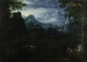 Weite Flamische Landschaft Mit Drei Frauen Und Der Auferstehung Christi by Gillis van Coninxloo