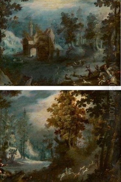 Deux Scenes De Chasse A Courre Dans Des Paysages Boises: Le Bien-aller Et Le Bat-l'eau (pair) - view 1