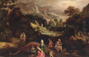Weite Flusslandschaft Mit Dem Betenden Propheten Hosea Und Einer Im Vordergrund Sitzenden Frau Mit Einem Wickelkind Auf Dem Schos
