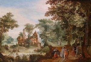 Bewaldete Landschaft Mit Einem Kastell Und Einer Eleganten Gesellschaft Im Freien by Gillis van Coninxloo
