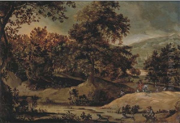 A Wooded Mountainous Landscape With Huntsmen Near A Pond - view 1