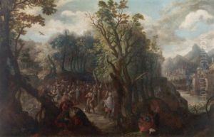 Johannespredigt. Johannes Der Taufer Predigt Dem Volk In Einer Waldlandschaft Vom Heiland by Gillis van Coninxloo