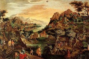 Paysage De Montagne Traverse Par Un Fleuve Avec Le Prophete Osee Et Son Epouse Gomer Paysage De Montagne Traverse Par Un Fleuve Avec Le Prophete Osee Et Son Epouse Gomer