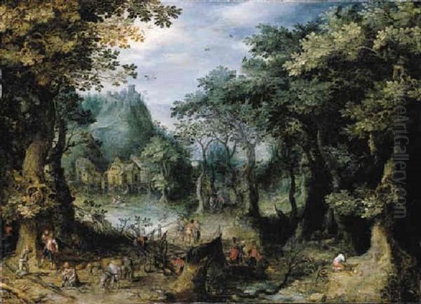 Woodcutters Working Beside A Forest Path Near A River - view 1