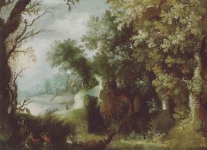 Bewaldete Fluslandschaft Mit Bauern Und Hirten by Gillis van Coninxloo