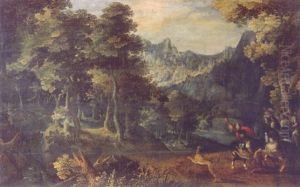 A Tiger Hunt In The Forest, A Valley Beyond by Gillis van Coninxloo