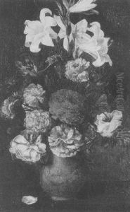 A Still Life Of Lilies, Irises, Roses, Peonies And Carnations In A Terracotta Vase On A Stone Ledge by Gillis van Coninxloo
