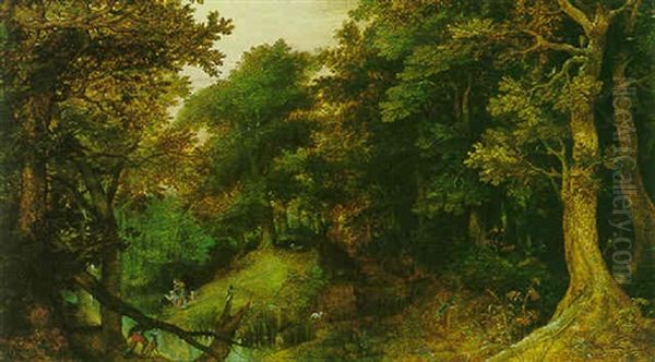 A Wooded Landscape With Hunters By A Forest Lake by Gillis van Coninxloo