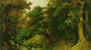 A Wooded Landscape With Hunters By A Forest Lake by Gillis van Coninxloo