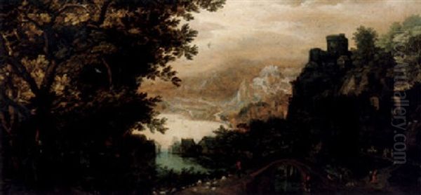 A Panoramic Wooded River Landscape With A Shepherd Herding His Flock Of Sheep Over A Bridge In The Foreground - view 1