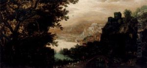 A Panoramic Wooded River Landscape With A Shepherd Herding His Flock Of Sheep Over A Bridge In The Foreground by Gillis van Coninxloo