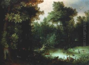 A Stag Hunt At A Pool In A Forest