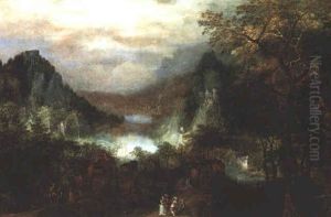 An Extensive Mountainous River Landscape With Elegant Figures On A Woodland Path Before A Hamlet