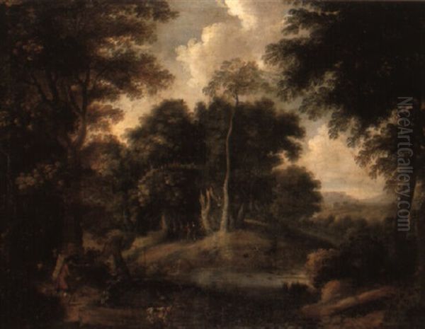 A Wooded Landscape With Sportsmen Shooting Duck - view 1