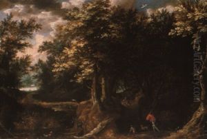 A Wooded Landscape Wiht Men Hunting by Gillis van Coninxloo