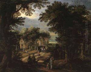 A Sportsman And An Elegant Couple On A Wooded Track Near A Village by Gillis van Coninxloo