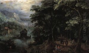 A Landscape With A Huntsman And Other Figures In An Avenue, A River Valley With A Castle And A Hamlet And Mountains