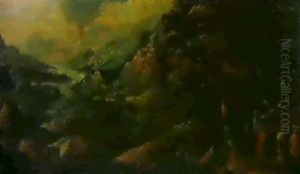 Gebirgige Flusslandschaft Mit Christus Und Den Jungern Auf  Dem Weg Nach Emmaus.