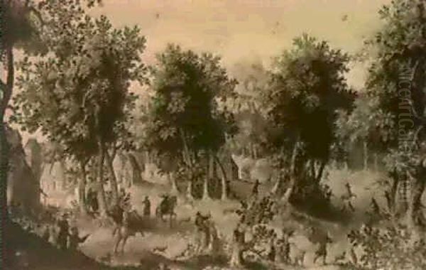 A Stag Hunt Passing Through A Wooded Village - view 1