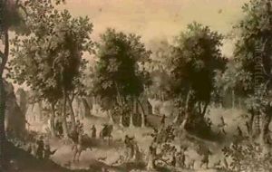 A Stag Hunt Passing Through A Wooded Village