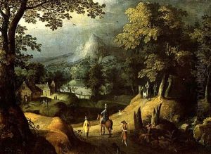 Extensive Wooded Landscape With Hunters And A Village Beyond by Gillis van Coninxloo