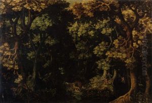 A Thickly Wooded Landscape With A Stag Hunt by Gillis van Coninxloo