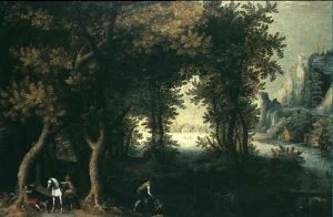 Extensive River Landscape With Hunters And A Village In The Distance by Gillis van Coninxloo