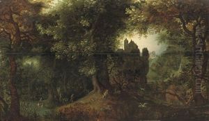 A Wooded Landscape With A Hunting Party, A Town Beyond