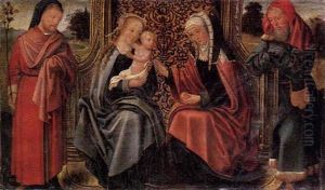 The Madonna And Child Enthroned With Saint Anne Accompanied By Saint Joseph And Another Male Saint by Cornelis van Coninxloo the Younger