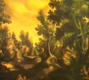 Waldlandschaft Mit Jagern An Einem Flub Waldlandschaft Mit Jagern An Einem Flub