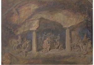Zeus Flanked By Two Muses Before A Temple On An Acropolis (+ A Bacchanalian Festival; Pair)