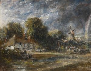 Landscape With A Red-tiled Cottage, A Windmill And A Rainbow by John Constable