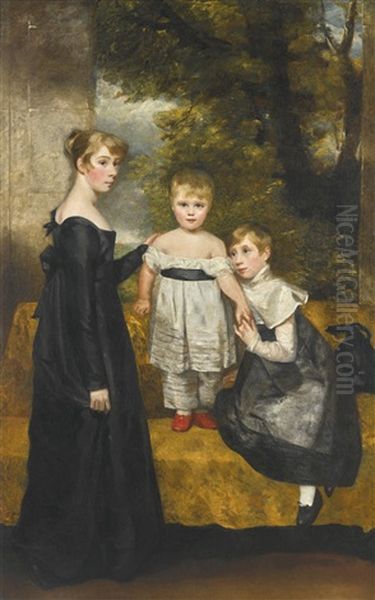 A Group Portrait Of The Barker Children In A Landscape: Sophia Norris Barker, Standing Full Length In A Black Dress, Her Sister Harriet, In A Black Dress And White Collar, And Their Brother Robert, In A White Suit - view 1
