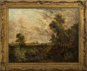 English Landscape With Village And Bridge Over A Stream by John Constable