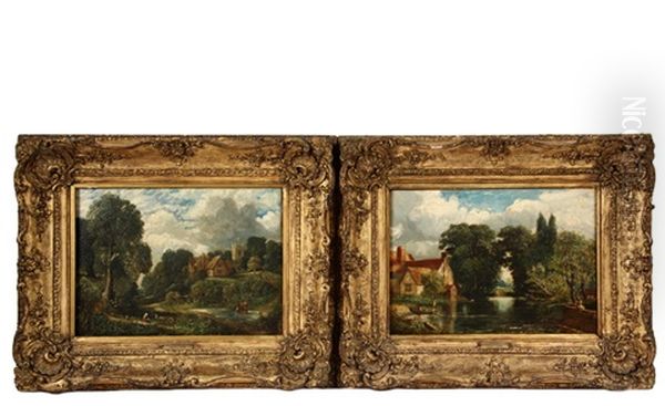 Country Pond Scenes With Cottages And A Church - view 1