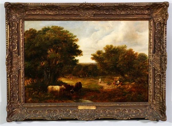 Three Cows In Foreground And Six Figures In A Wooded Clearing - view 1