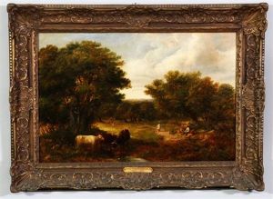 Three Cows In Foreground And Six Figures In A Wooded Clearing