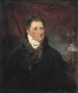 Portrait Of Henry Greswold Lewis In A Brown Fur-lined Coat, A Draped Red Curtain And Landscape Beyond
